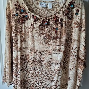 Chico's Beige and Brown Embroidered Blouse
